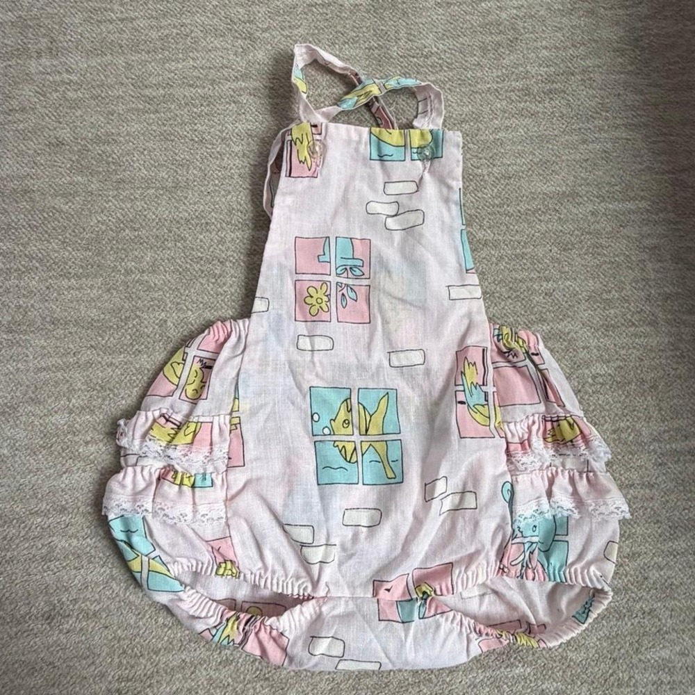 Vintage Baby Girl Romper Size 2 Pink Ruffle Lace Fish Print‎ Overalls